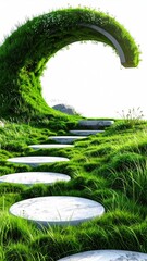 Lush green grass envelops a curving stone archway; a stepping stone path leads towards it, set against a bright backdrop