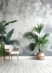 Fototapeta premium Tropical Palm Leaves Wallpaper on Textured Gray Background