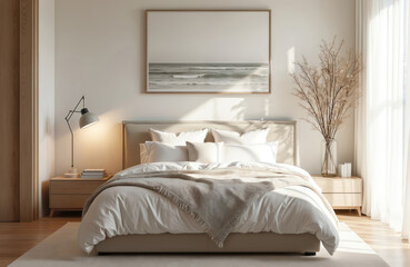 Scandinavian bedroom features upholstered bed, crisp white linens, neutral tones. Modern decor includes bedside lamp, wood furniture, framed art of ocean waves. Soft light filters through sheer