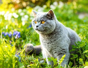 Fluffy gray cat in a garden