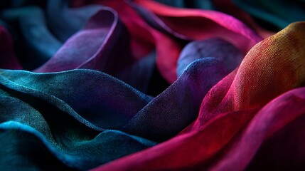 Luxurious flowing silk fabric in vibrant jewel tones creates a rich, textural abstract background for design
