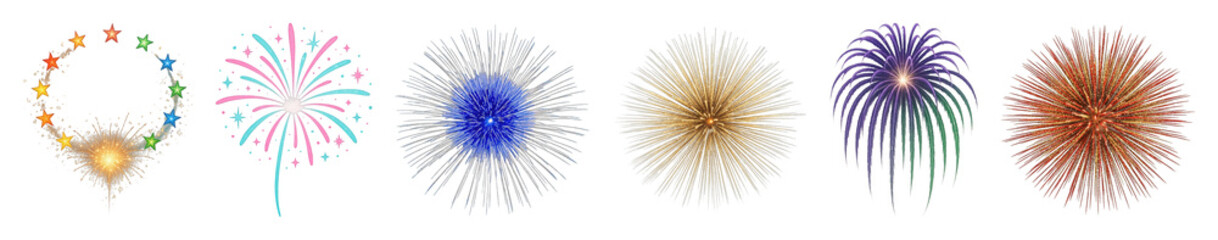 Fototapeta premium Fireworks set including different colorful bursts and explosions isolated. Celebration and festive event design elements.