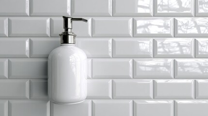 Obraz premium Elegant white soap dispenser gleams against a modern, glossy subway tile background, perfect for beauty and spa aesthetics.