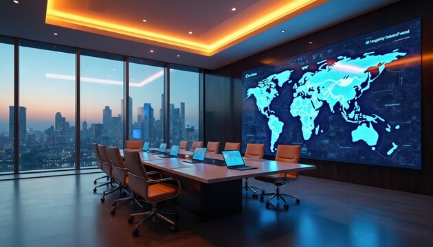 Futuristic conference room features large digital world map display, modern tech, sleek workstations. Bright interior, executive boardroom setting promotes innovation, global business collaboration.