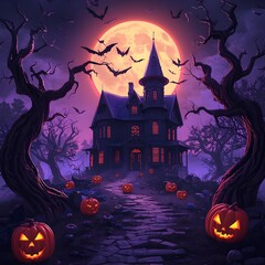 Creepy Haunted House with Glowing Pumpkins