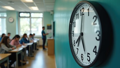 Classroom clock showing time running out during student exam. Students focus on test papers with instructor supervising. Image represents academic pressure, timed assessments, stress of final tests.