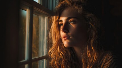 Young woman gazing thoughtfully out window bathed in warm golden hour sunlight
