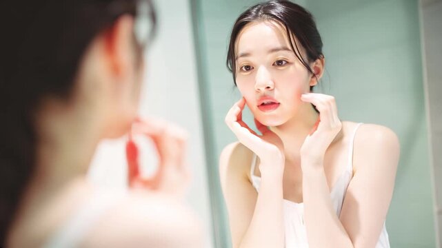 鏡の前の日本人の若い女性。美容イメージ。肌の悩み。