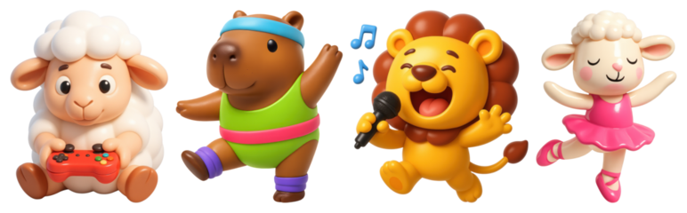 PNG Cute animal characters dancing joyfully, element set on transparent background