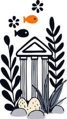 a stylized illustration depicting an aquarium scene featuring a small structure with columns surrounded by plants and fish.
