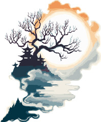 a stylized illustration of a tree with no leaves, situated atop a small island reflected in water