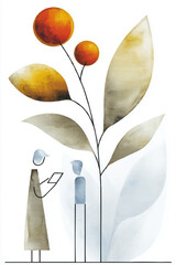 a stylized illustration depicting two figures interacting with a plant composed of leaves and fruits