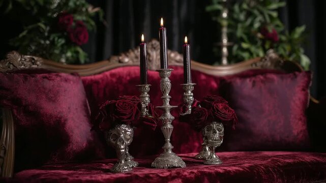 Elegant dark Victorian Halloween scene with aristocratic gothic aesthetic. Rich burgundy velvet antique silver candelabras preserved roses in crystal skulls and ornate period