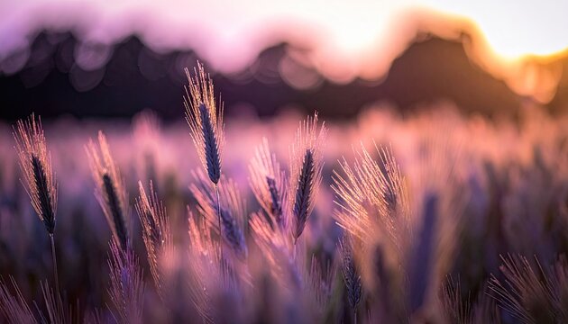 Silhouetted mountains at sunset, backlit field of tall, slender grasses in soft focus, purple and gold hues