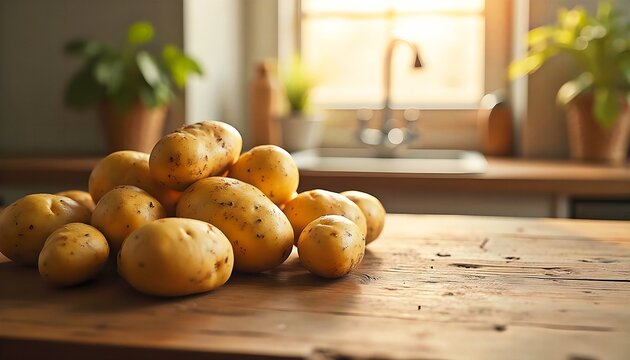 Fresh Organic Potatoes on Rustic Kitchen Table with Warm Sunlight