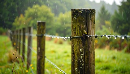 Rustic wooden fence post in a rainy field