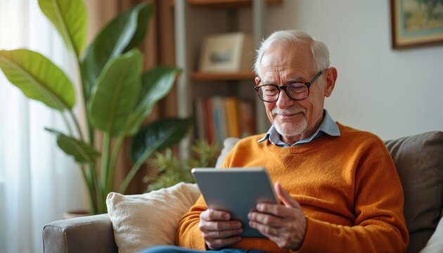 Elderly man uses tablet for cognitive exercise, boosting brain health, mental sharpness. Senior enjoys technology for learning, relaxation at home. Mature adult engages in interactive digital - Powered by Adobe
