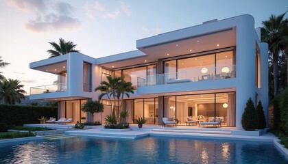 Fototapeta premium Modern luxury villa exterior at Marbella with swimming pool. Large glass windows, white facade, balconies, palm trees. Contemporary architecture design for residential estate, business property.