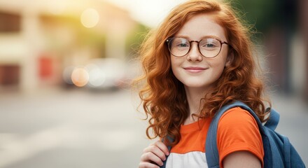 Young Girl's Street Smile: A youthful girl, adorned with spectacles and a charming grin, is captured in a sunlit street scene, her gaze conveying youthful anticipation and vibrant spirit.