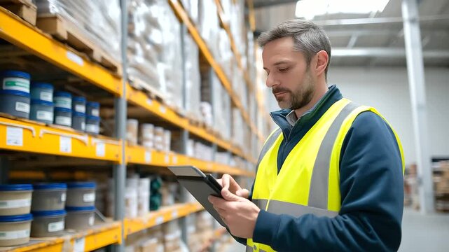 Modern warehouse storing plant based protein ingredients organized shelving systems with labeled containers of pea protein hemp seeds quinoa flour automated inventory