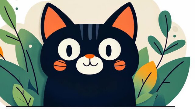 Cartoon Cat among the Greens: A whimsical illustration of a cute black cat with friendly eyes is nestled among vibrant green foliage, creating a charming and playful scene.