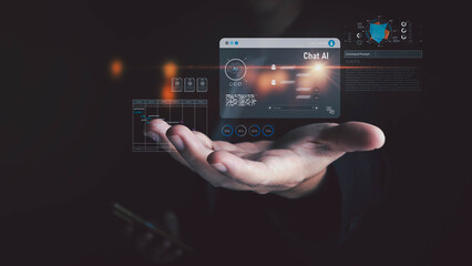 A person's hand presents a virtual interface, displaying a chat AI system and a data analytics dashboard. The futuristic digital display showcases modern technology and artificial intelligence in a da