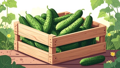 Wooden crate full of cucumbers on a table