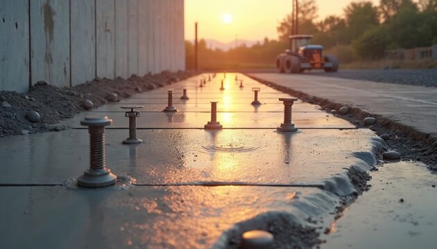 Fresh concrete slab with anchor bolts, power trowel marks, and surrounding dirt. Construction site in progress with a tractor in the background at sunset. Reflective water on the wet concrete surface.