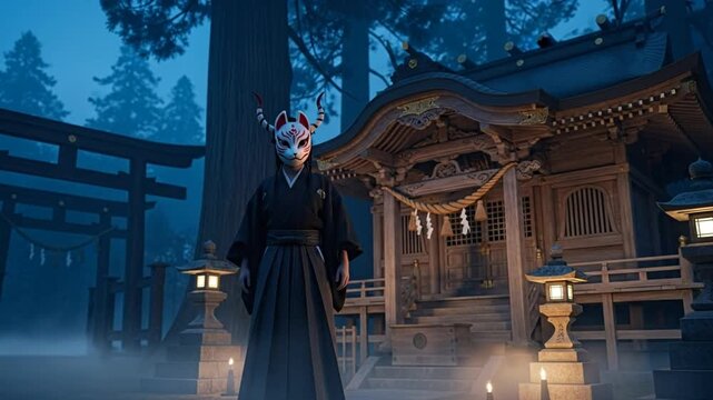 Mysterious person in a traditional kitsune mask standing in front of a Japanese shrine at night