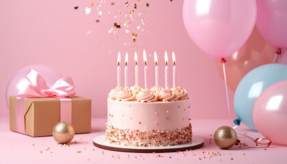 Pink birthday cake with candles and balloons