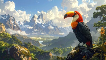 Majestic toucan perched amidst alpine scenery