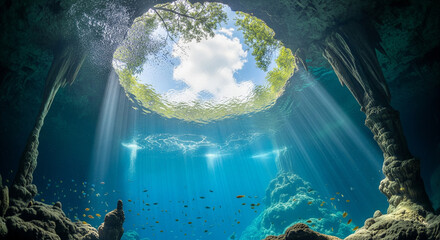 Underwater Cenote Sunlight Beams Divers Exploring Turquoise Water Cave Landscape