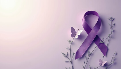 Purple ribbon, butterflies signify World Lupus Day awareness on May 10th. Delicate illustration features satin ribbon, symbolic bow, floral elements. Design promotes health advocacy, medical