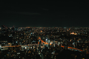 Fototapeta premium A high-angle view of a bustling city at night, showcasing the vast expanse of lit buildings and highways with distinct glowing lines of traffic