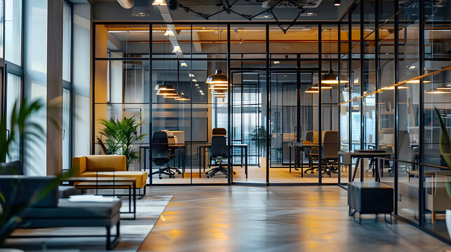 modern open space office interior with stylish furniture, glass walls, creative workspace vibe, warm natural light, cinematic wide shot, 16:9