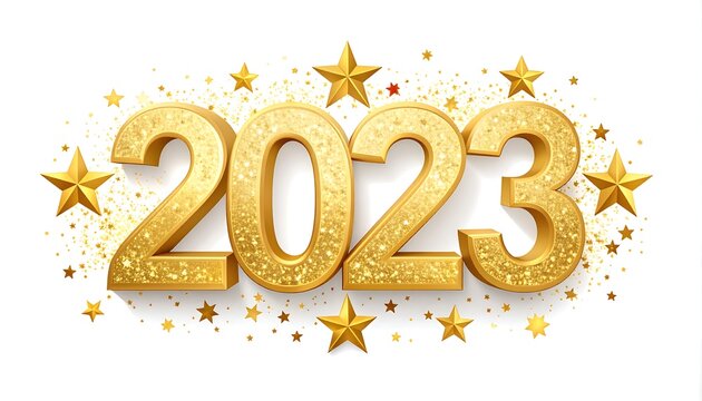 Gold 2023 numerals with stars and glitter