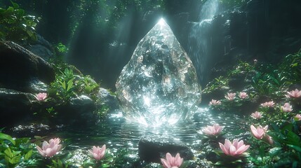 Crystal centered in lush forest landscape