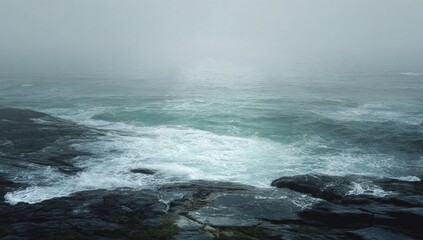 Ocean waves crashing on dark rocks, circle frame