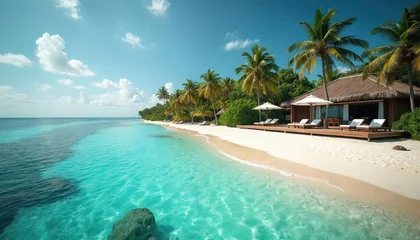 Poster de jardin  Tropical island paradise beach bungalow with thatched roof, facing turquoise ocean. White sand, palm trees, lounge chairs, umbrellas set for ultimate relaxation. Luxury resort vacation destination.  © Viktor