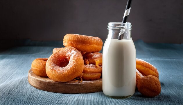 Tasty Spanish Donuts With Milk In Bottle With Straw