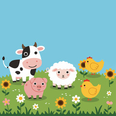 Fototapeta premium A charming illustration of farm animals including a cow, pig, sheep, and chickens in a field with sunflowers and daisies.