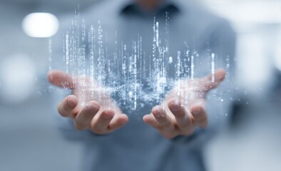 A person's hands hold a shimmering, digital cityscape, composed of light, floating data streams.