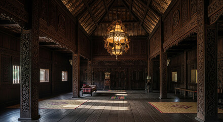 Obraz premium Intricate Wooden Interior with Ornate Carvings and Hanging Lantern Light