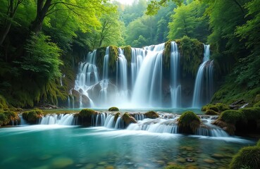 Green forest frames majestic waterfall cascading over moss-covered rocks into clear turquoise pool. Serene natural landscape offers tranquil retreat, beauty of Plitvice National Park pristine waters,