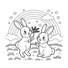 Happy Bunny Eating a Carrot in a Field Coloring Page
