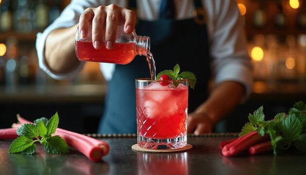 Bartender teaches virtual cocktail class using rhubarb vodka. Creates variety of delicious drinks with spirit, refreshment, technique mixer. Social, seasonal event workshop, fun style.