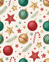 Seamless pattern of baubles, stars and candy canes in red, green and gold, festive wrapping design