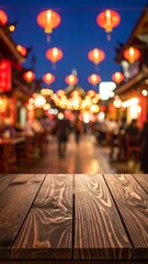 Rustic wooden table in a blurred Chinese street scene