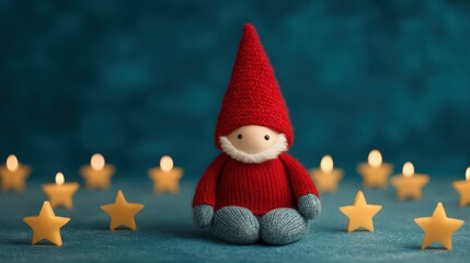 Obraz premium A whimsical gnome figurine in a red hat sits among glowing stars, creating a cozy and festive atmosphere.