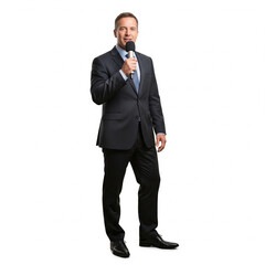 Obraz premium Man in Suit Holding Microphone